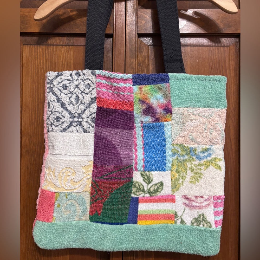 Handmade one of a kind patchwork, Terry cloth beach bag